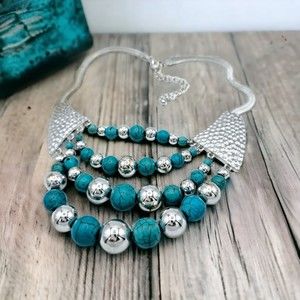 Faux Turquoise Necklace Bib Silvertone Multi Layer Beaded Statement Jewelry